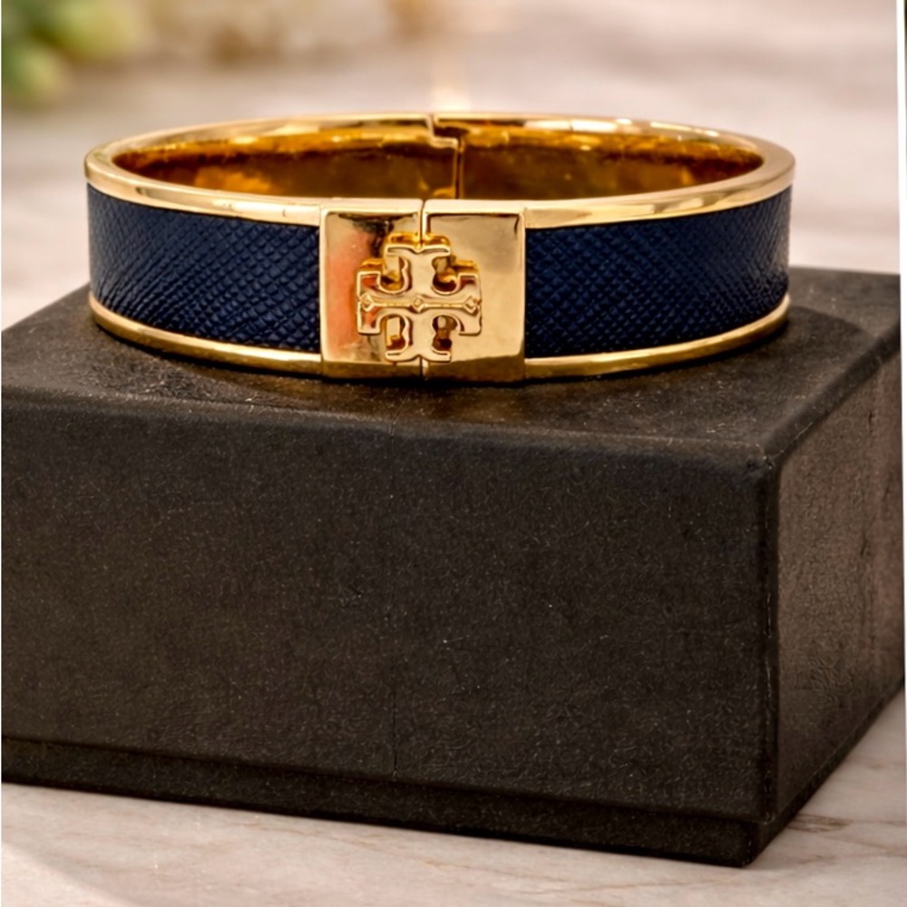 Tory Burch Dark Navy and Gold Double-T Enamel Hinged Bangle
